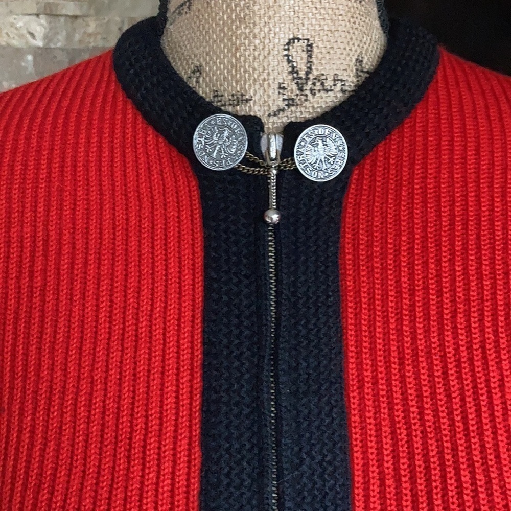 Vintage Obermeyer red zip cardigan sweater w black trim 100% wool grandma core - Picture 2 of 16